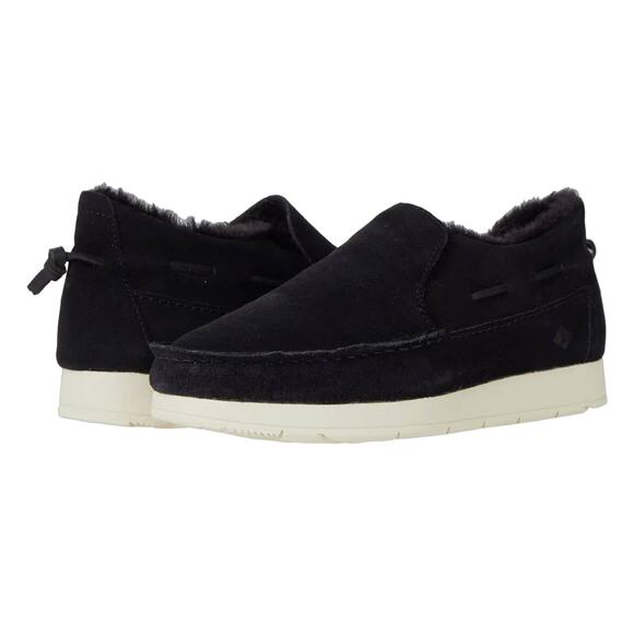 SPERRY Moc-Sider Black Suede Moccasin Faux Fur Lining Men Loafers Comfort 12 NWT - Picture 1 of 15